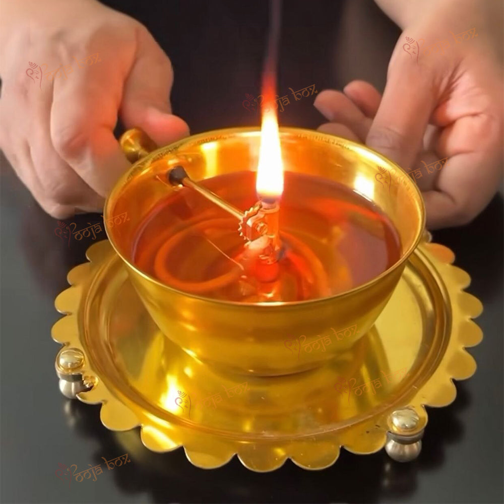 Brass Akhand Jyot Diya With Wick Lifting Screw Lever
