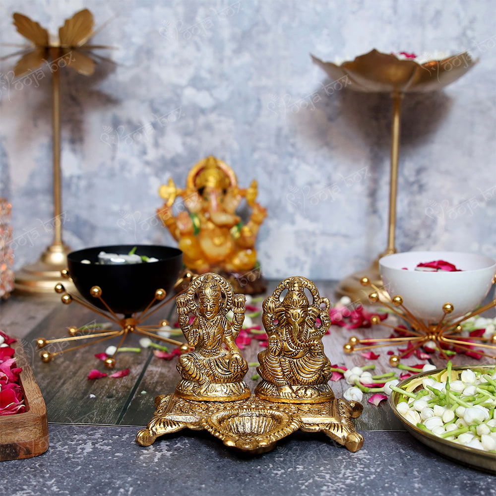 Brass Laxmi Ganesha Idol With Diya