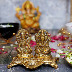 Brass Laxmi Ganesha Idol With Diya