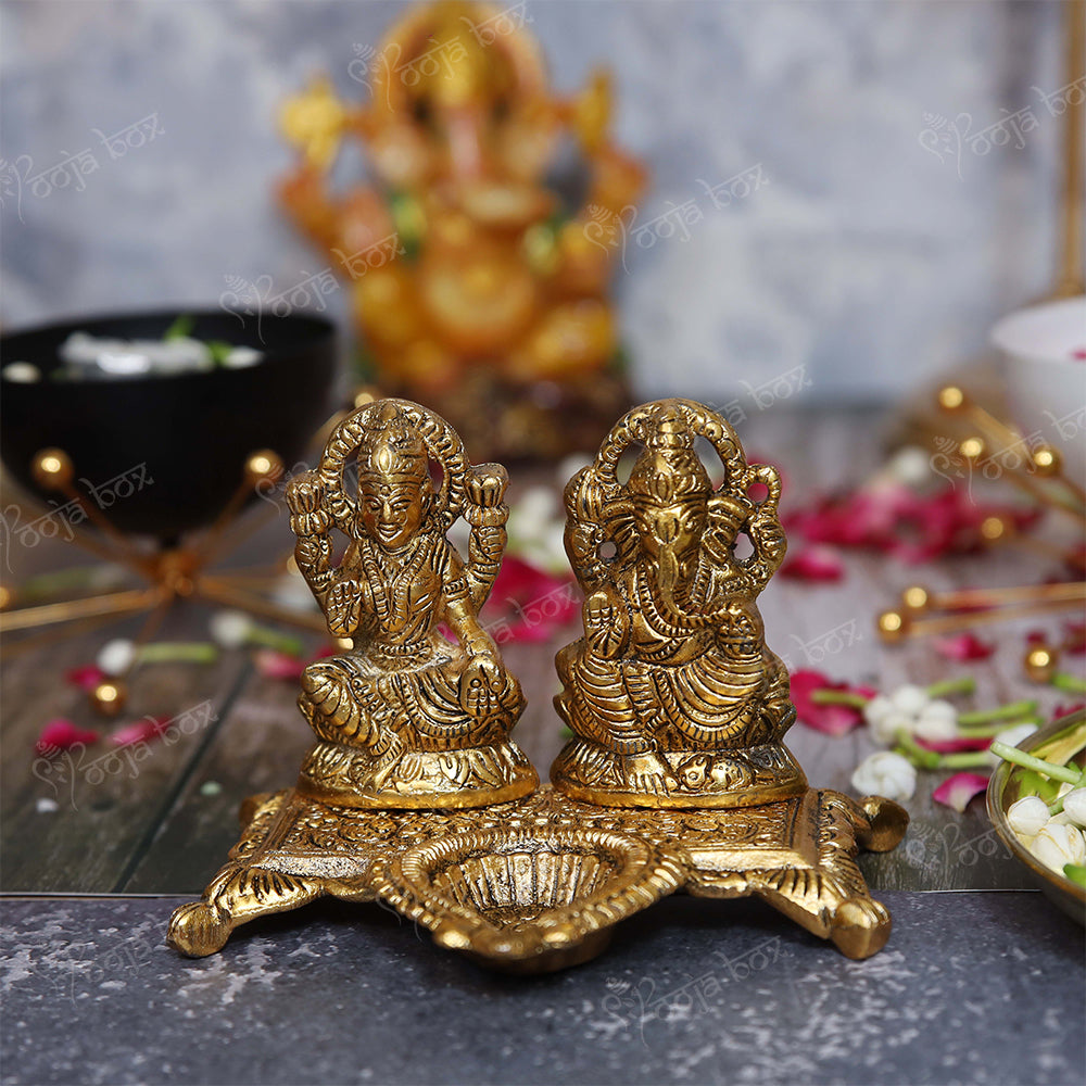 Brass Laxmi Ganesha Idol With Diya