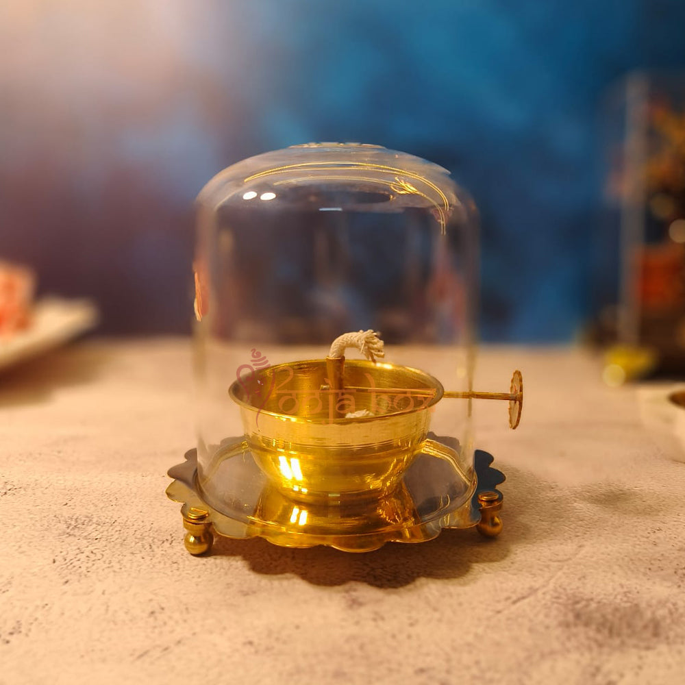 Brass Akhand Jyot Diya With Wick Lifting Screw Lever