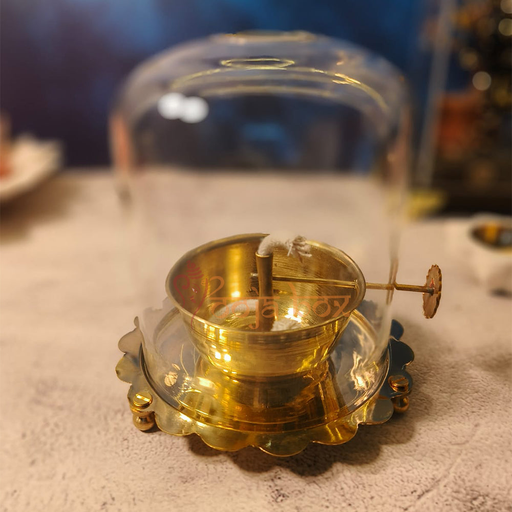Brass Akhand Jyot Diya With Wick Lifting Screw Lever