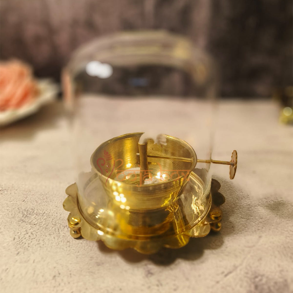 Brass Akhand Jyot Diya With Wick Lifting Screw Lever