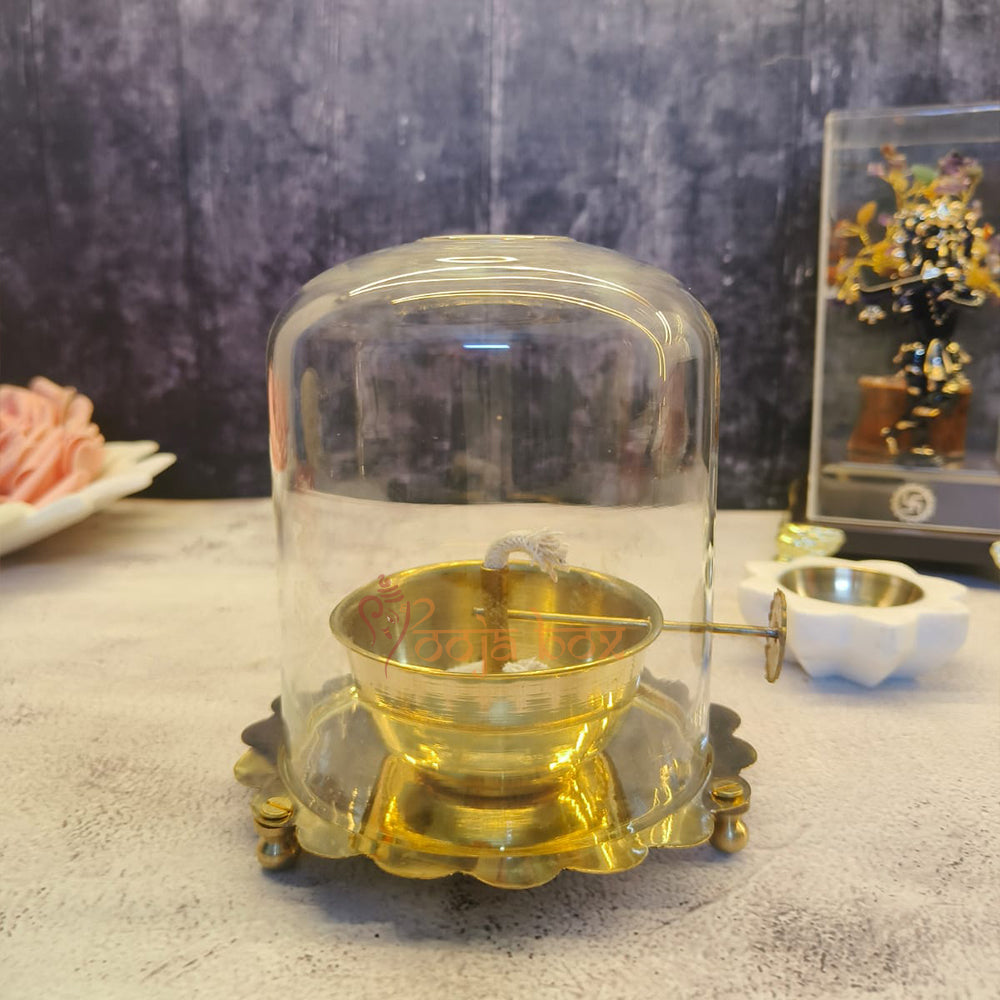 Brass Akhand Jyot Diya With Wick Lifting Screw Lever