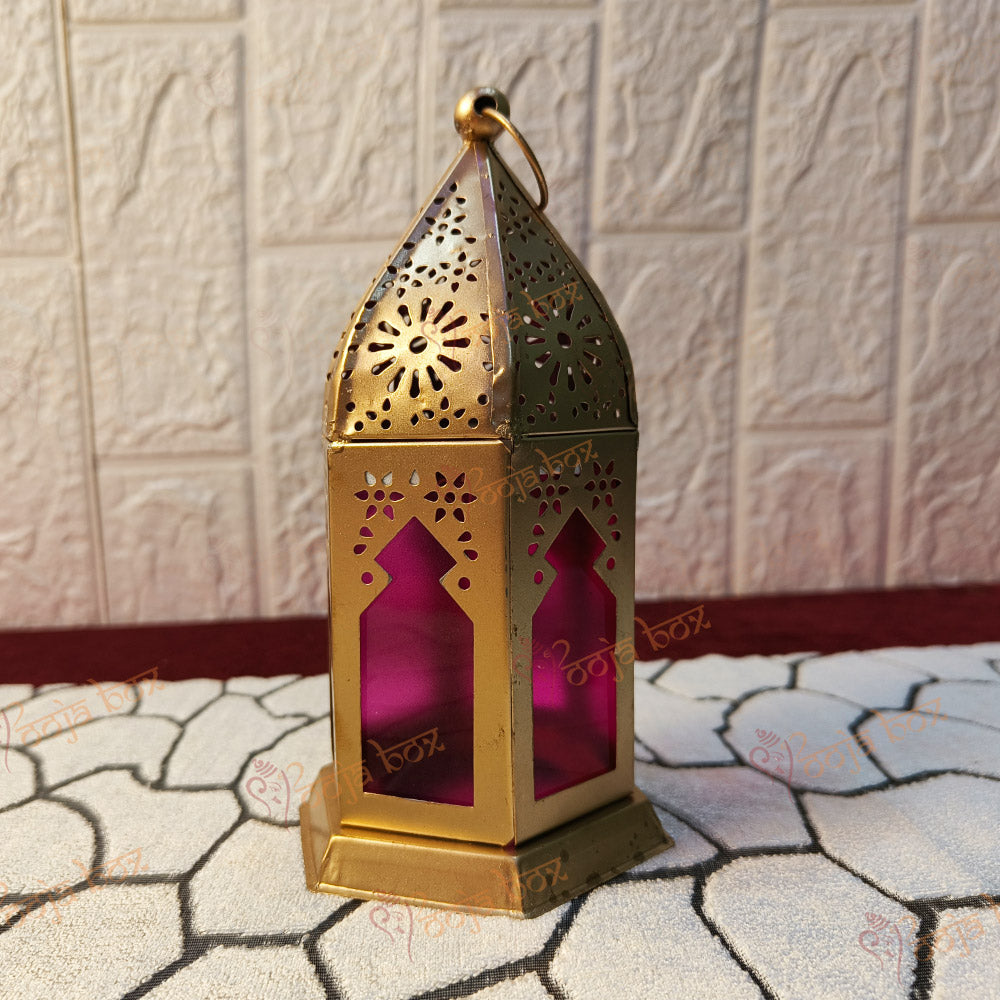 Gold Hanging Tealight Holders with Blue & Pink Glass