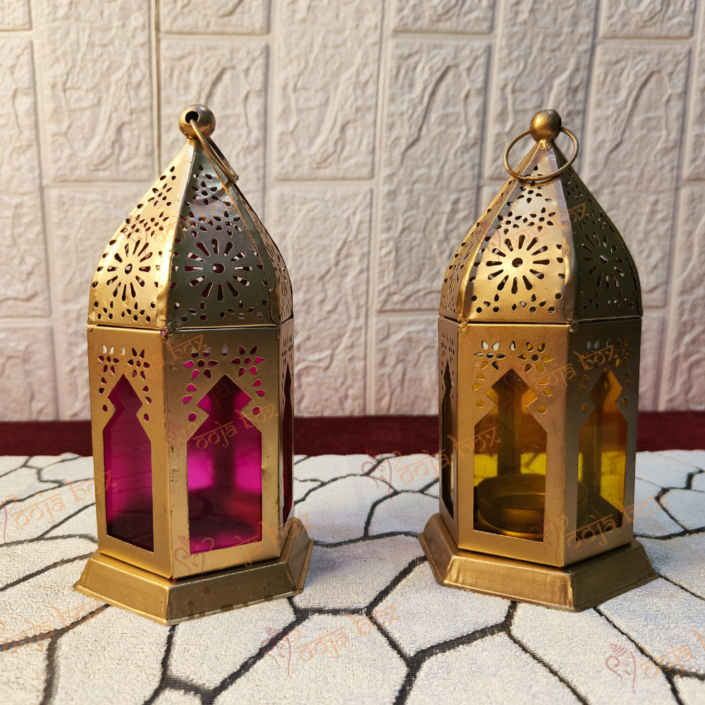 Gold Hanging Tealight Holders with Blue & Pink Glass