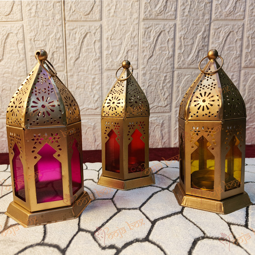 Gold Hanging Tealight Holders with Blue & Pink Glass