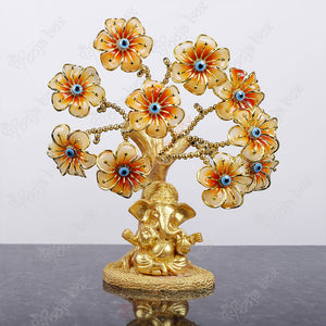 Ganesha Statue with Peach Flowers Evil Eye Tree for Protection and Wisdom