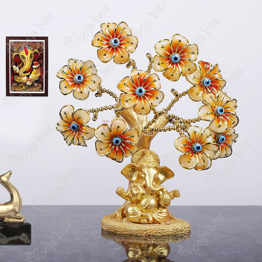 Ganesha Statue with Peach Flowers Evil Eye Tree for Protection and Wisdom
