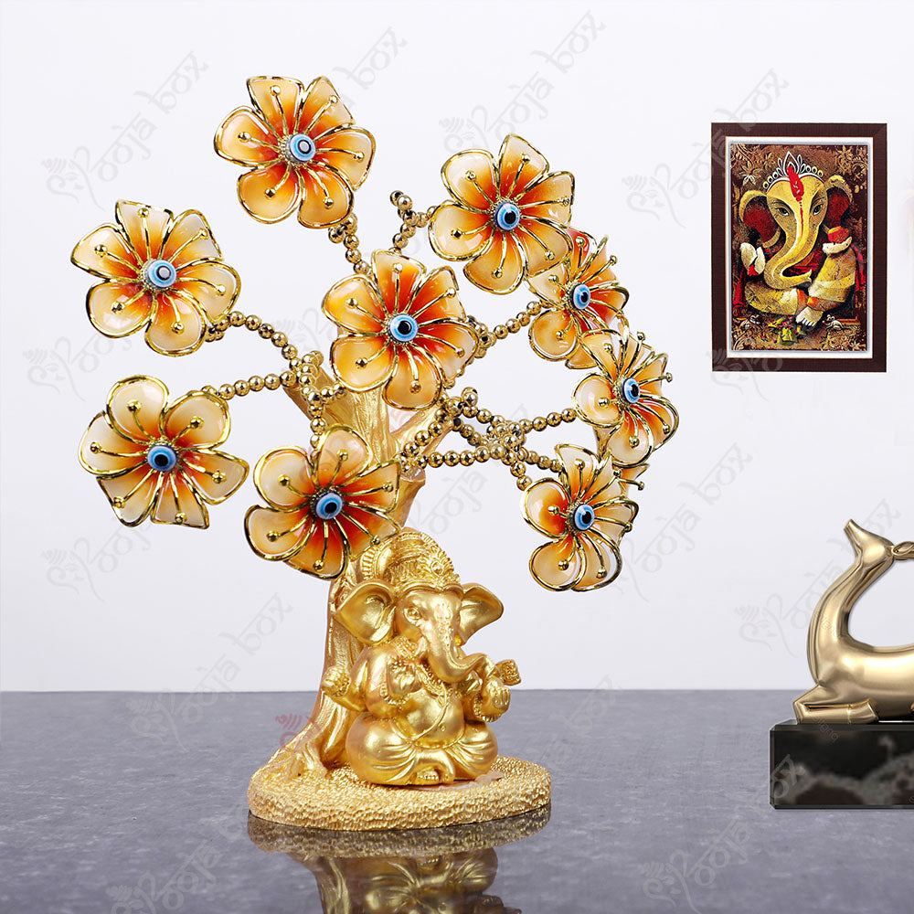 Ganesha Statue with Peach Flowers Evil Eye Tree for Protection and Wisdom