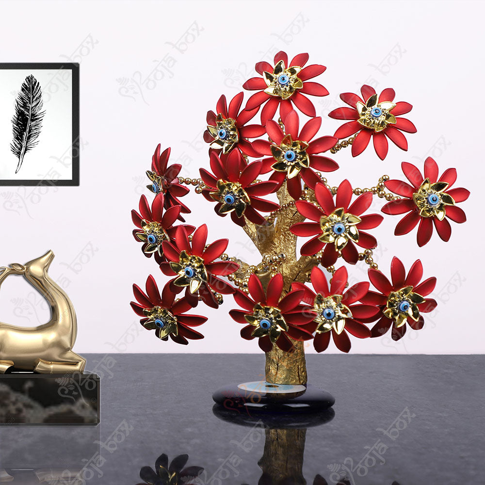 Red Flower with Turkish Evil Eye Tree for Home, Office Protection