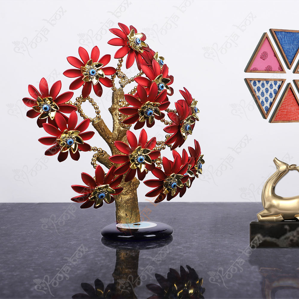 Red Flower with Turkish Evil Eye Tree for Home, Office Protection