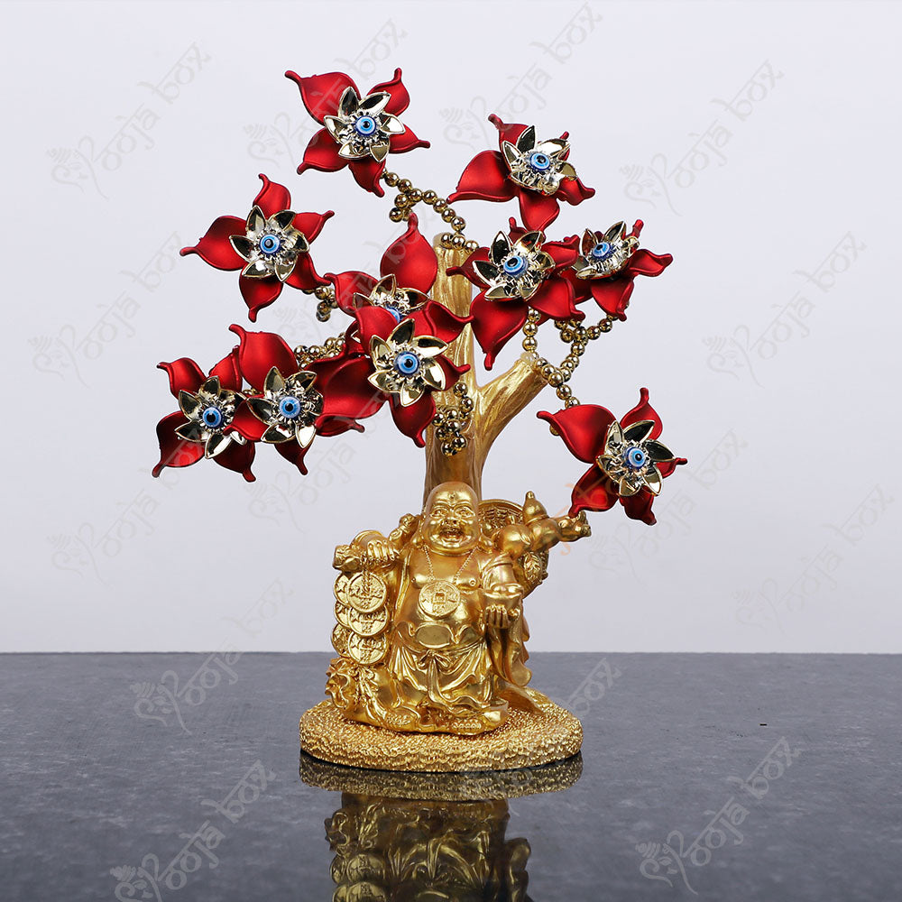 Laughing Buddha With Red Flowers Evil Eye Tree for Home or Desktop Ornament