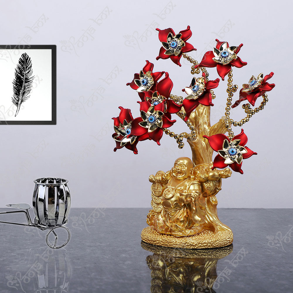 Laughing Buddha With Red Flowers Evil Eye Tree for Home or Desktop Ornament