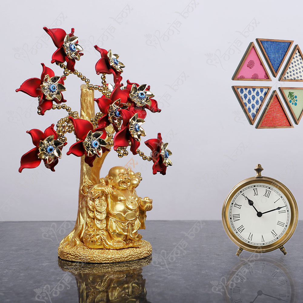 Laughing Buddha With Red Flowers Evil Eye Tree for Home or Desktop Ornament