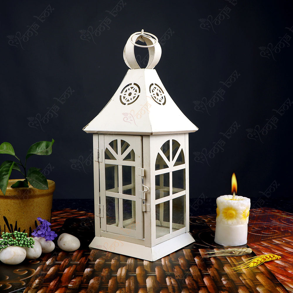Church Square Shape Iron and Glass Tea light candle holder Lantern for Indoor and Outdoor