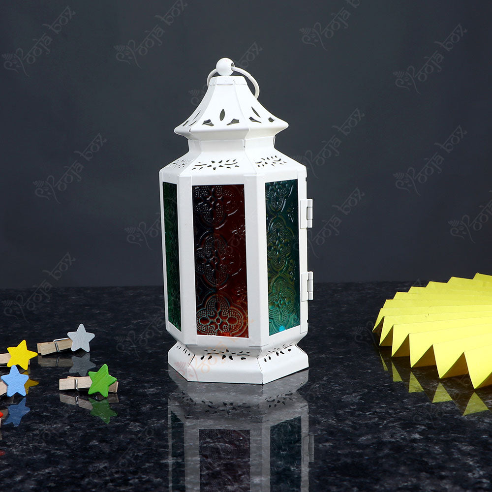 White Solid Iron and Glass Tea light Candle Holder Lantern For Festival and wedding Decor-Small