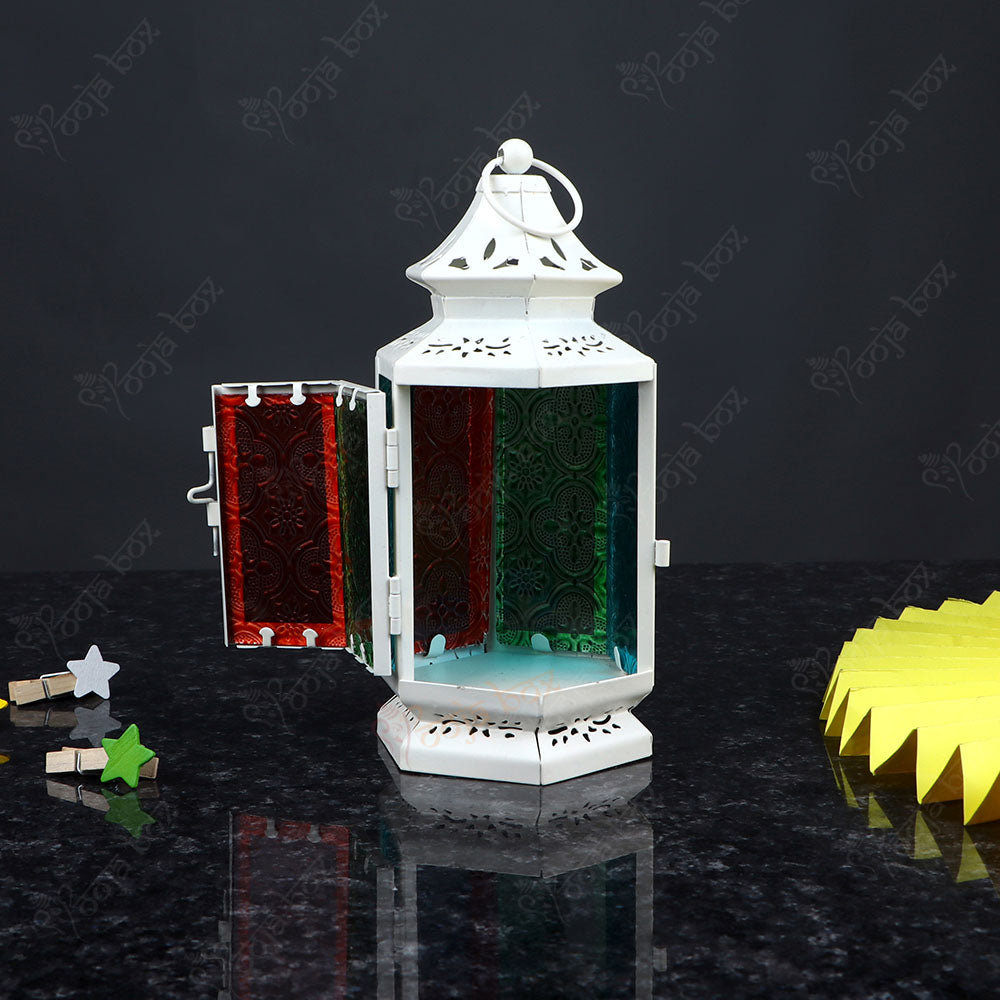 White Solid Iron and Glass Tea light Candle Holder Lantern For Festival and wedding Decor-Small