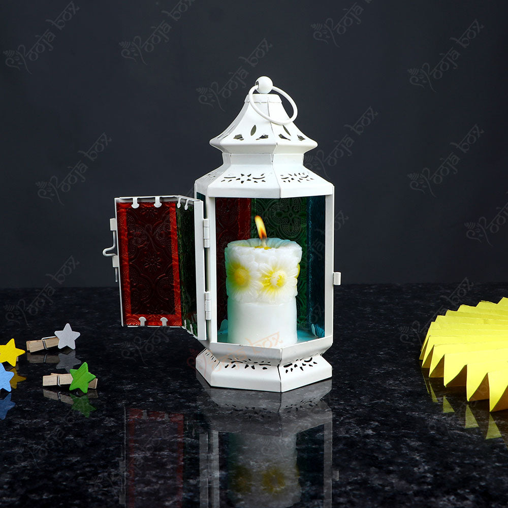 White Solid Iron and Glass Tea light Candle Holder Lantern For Festival and wedding Decor-Small