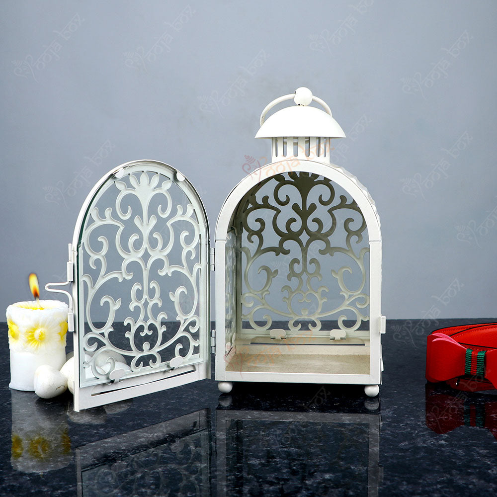 Whitish Cage Shape  Lantern for Candle in Metal Cup