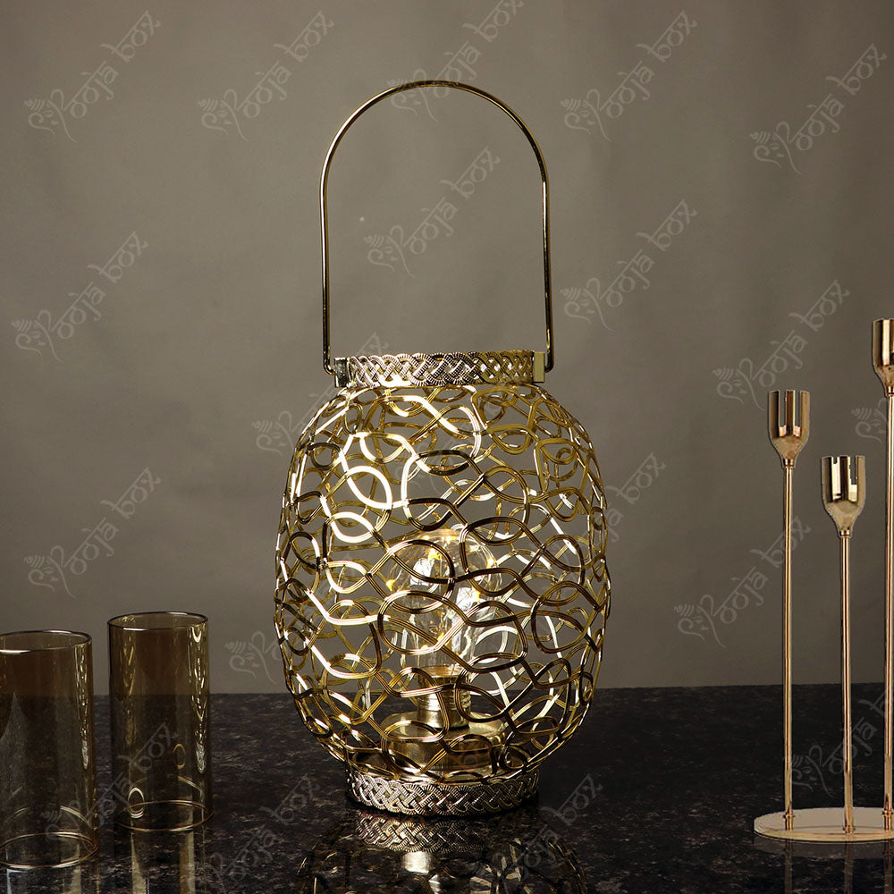 Golden Metal Wired Decorative Lantern Tealight Candle Holder With LED Bulb