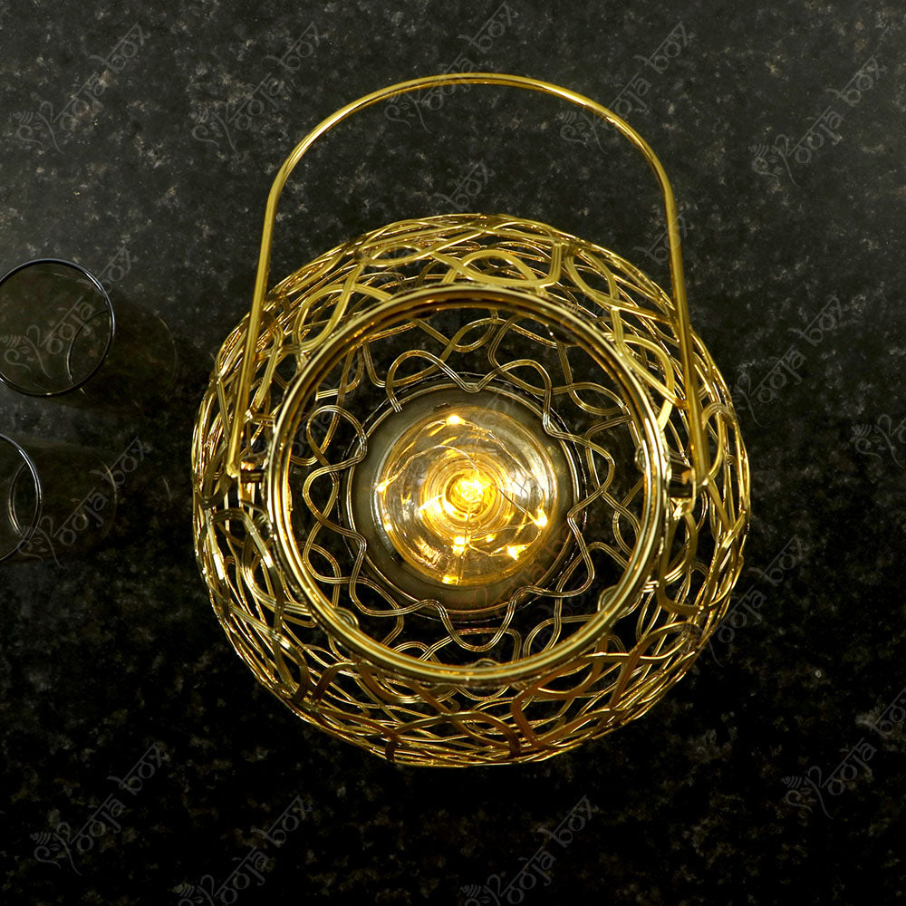 Golden Metal Wired Decorative Lantern Tealight Candle Holder With LED Bulb