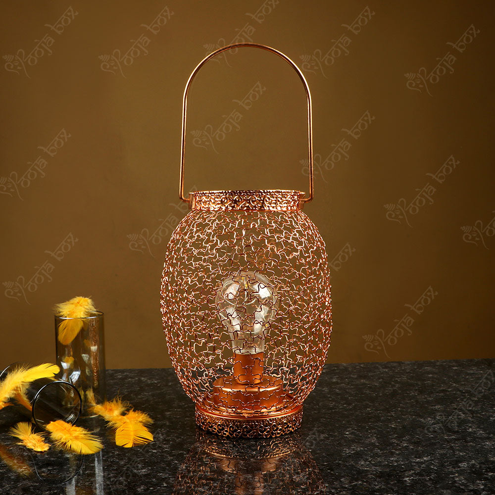 Rose Gold Brass Wired Decorative Lantern Tealight Candle Holder With LED Bulb