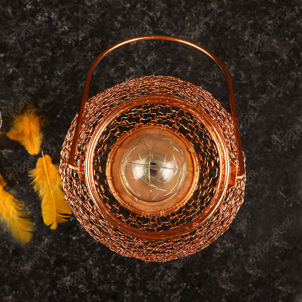 Rose Gold Brass Wired Decorative Lantern Tealight Candle Holder With LED Bulb