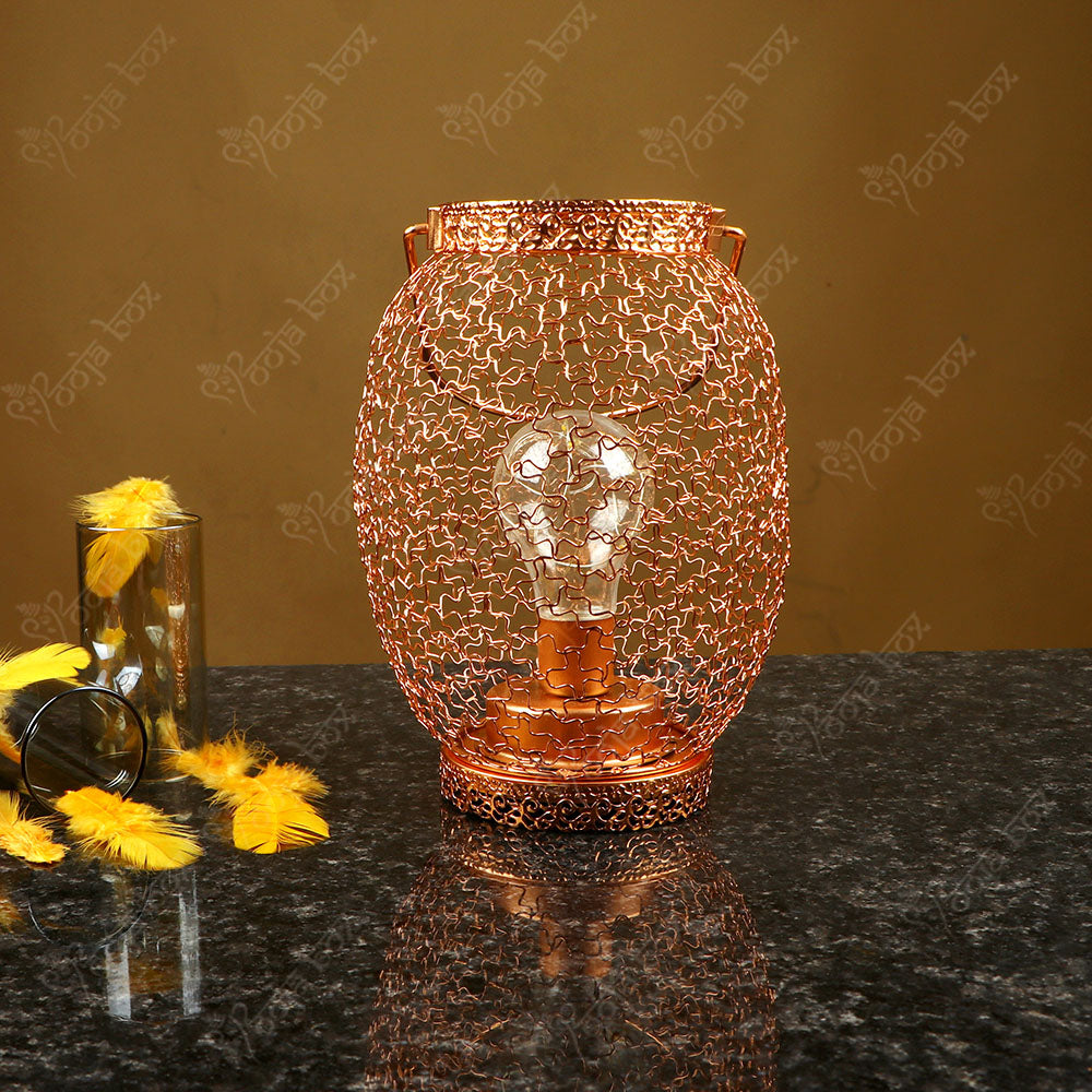 Rose Gold Brass Wired Decorative Lantern Tealight Candle Holder With LED Bulb