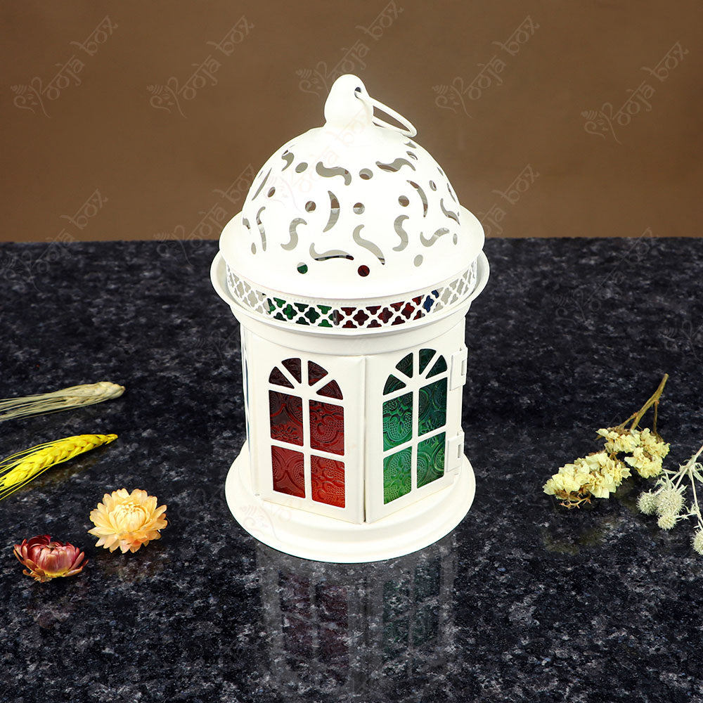 White Solid Iron and Glass Tea light Candle Holder Lantern For Festival and wedding Decor