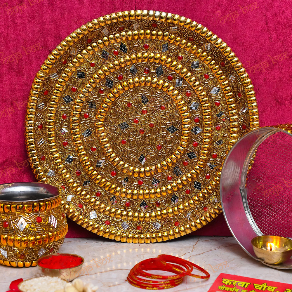 Eye Catching Red & Gold Pearl Karwa chauth Thali Set