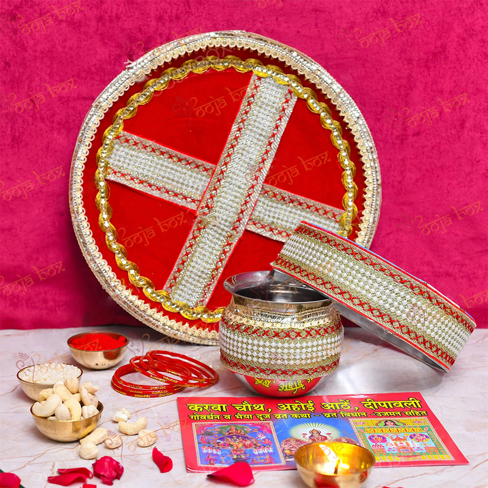 Handcrafted Red & Gold Gota Karwachauth Thali
