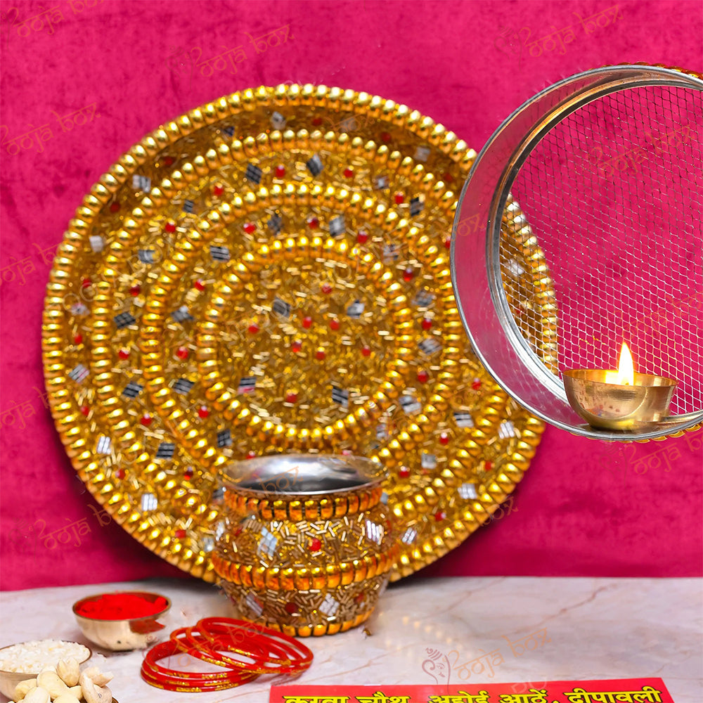 Eye Catching Red & Gold Pearl Karwa chauth Thali Set
