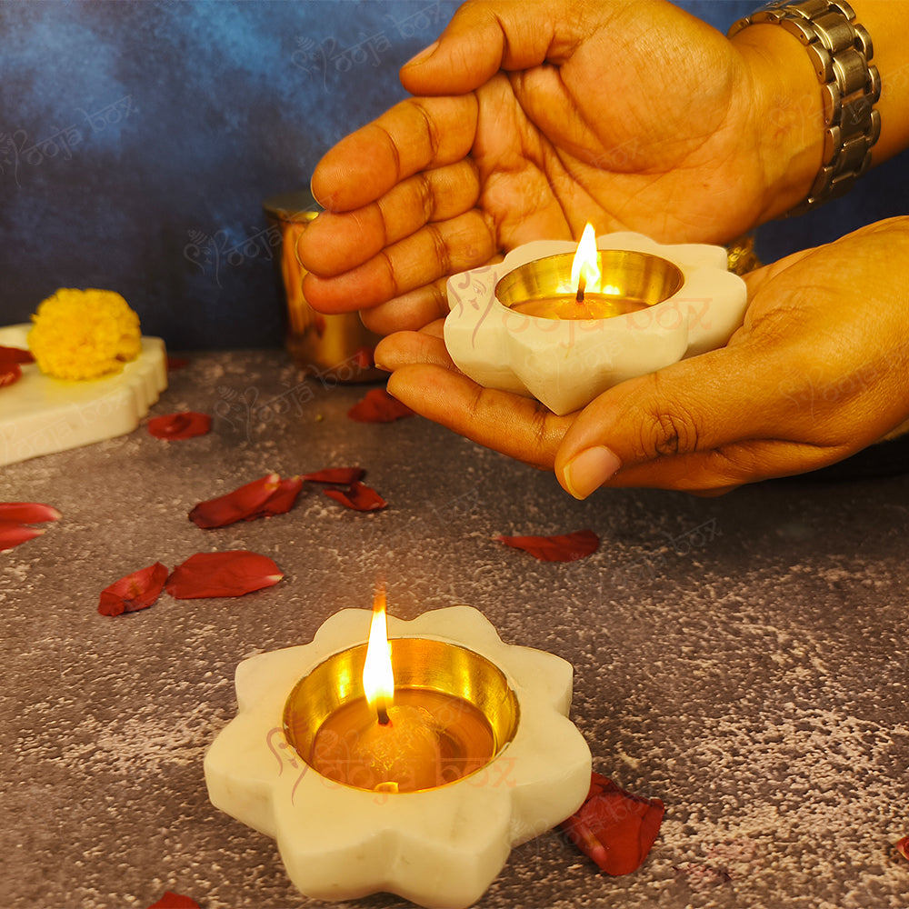 Antique Floral Marble Brass Diya