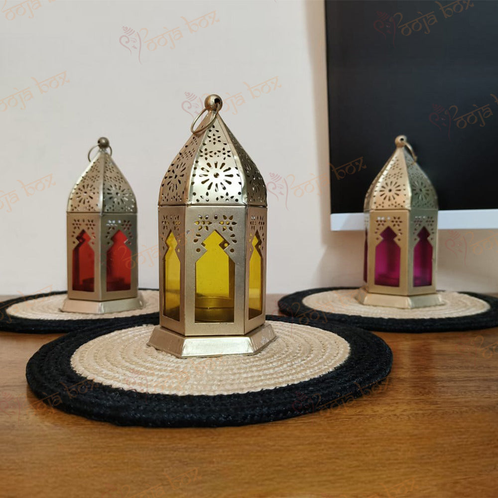 Gold Hanging Tealight Holders with Blue & Pink Glass