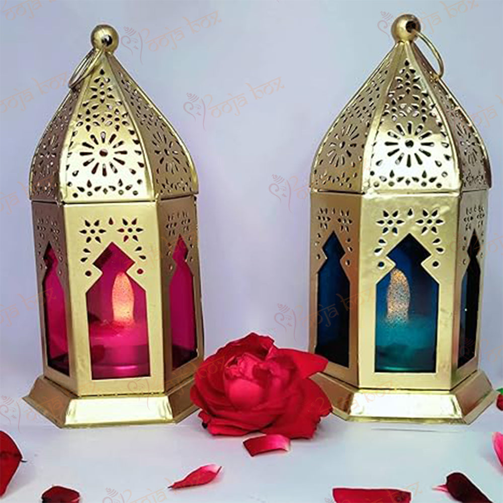Gold Hanging Tealight Holders with Blue & Pink Glass