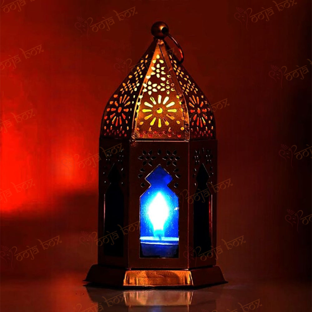 Gold Hanging Tealight Holders with Blue & Pink Glass