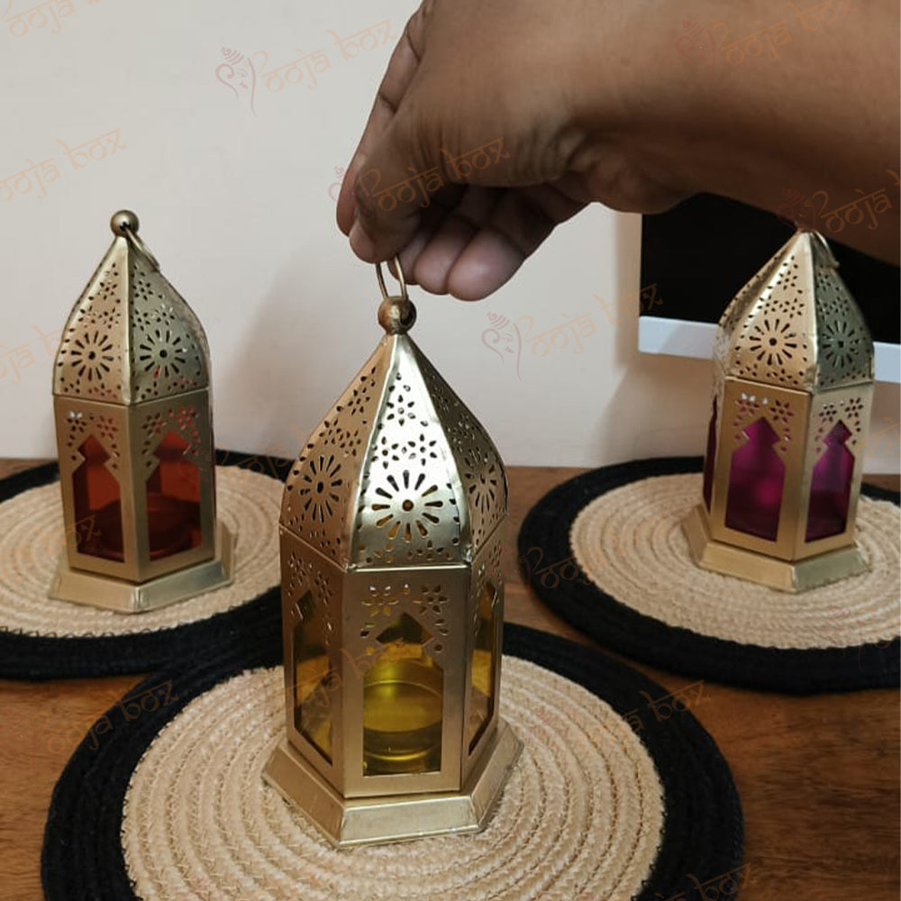 Gold Hanging Tealight Holders with Blue & Pink Glass