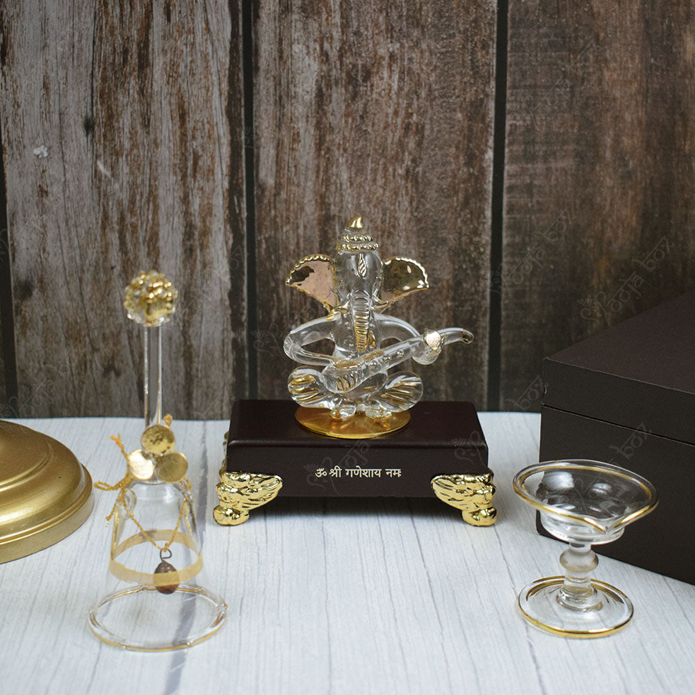 Musical Crystal Ganesha With Bell and Bowl