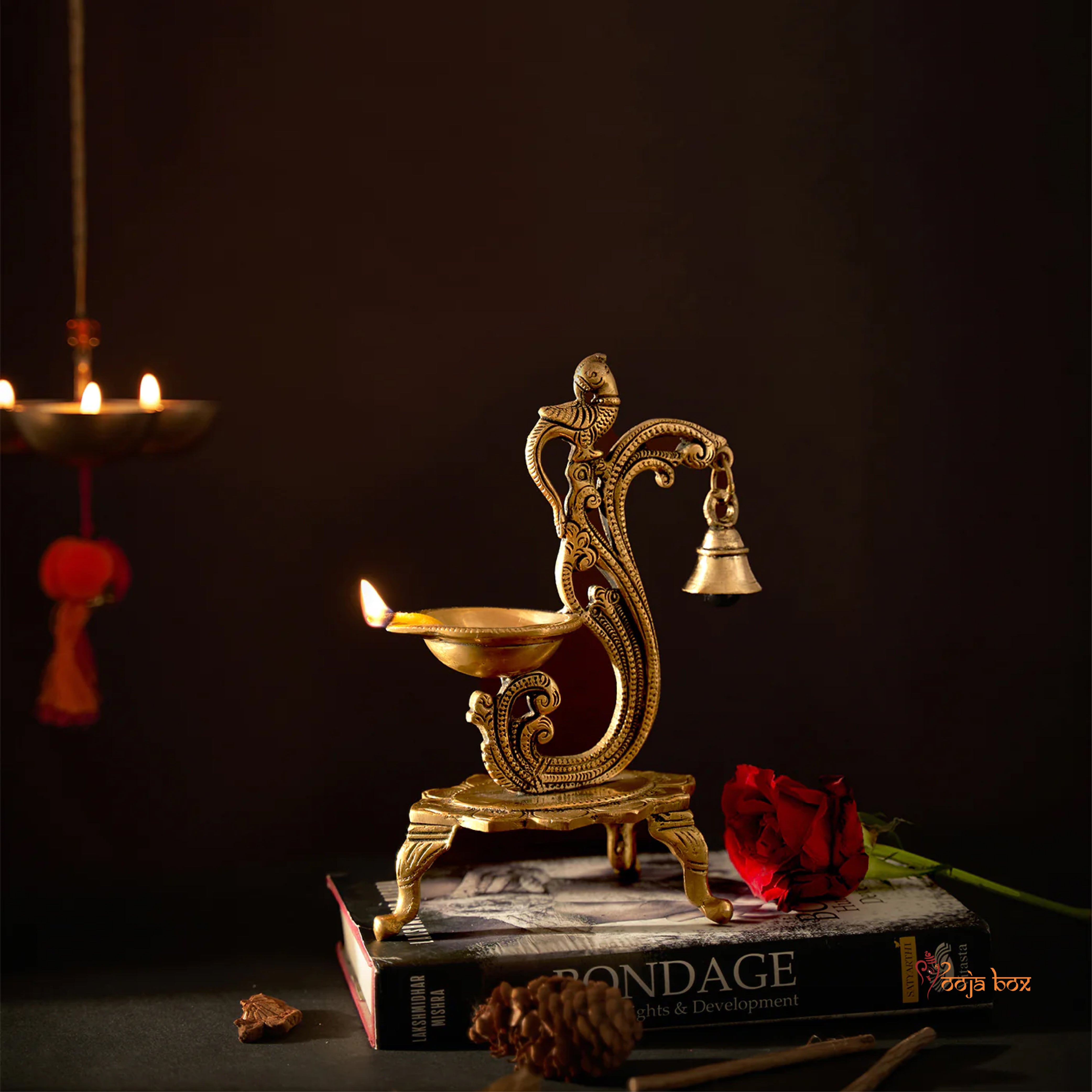 Peacock Diya with bell, Brass Pooja Diya