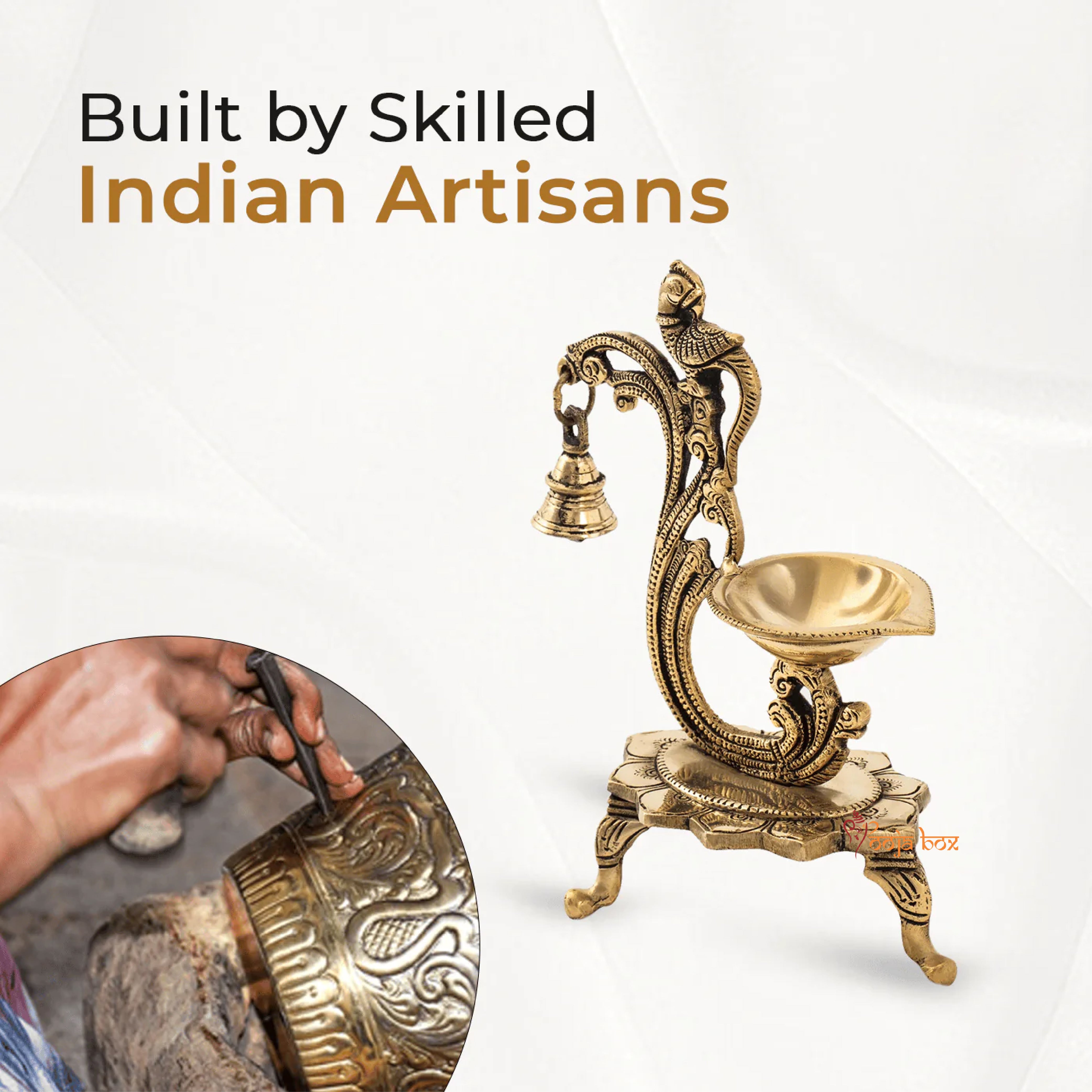 Peacock Diya with bell, Brass Pooja Diya