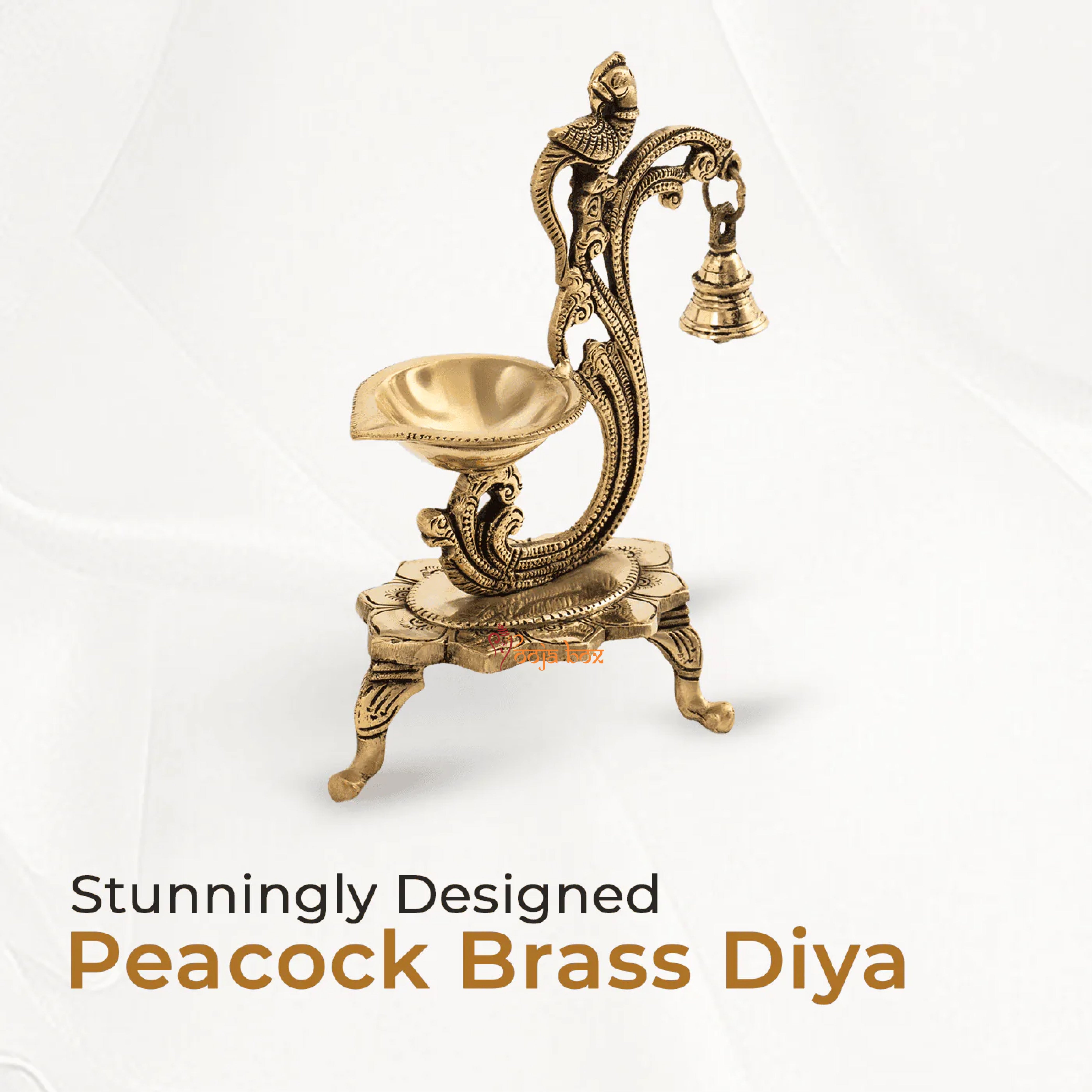 Peacock Diya with bell, Brass Pooja Diya
