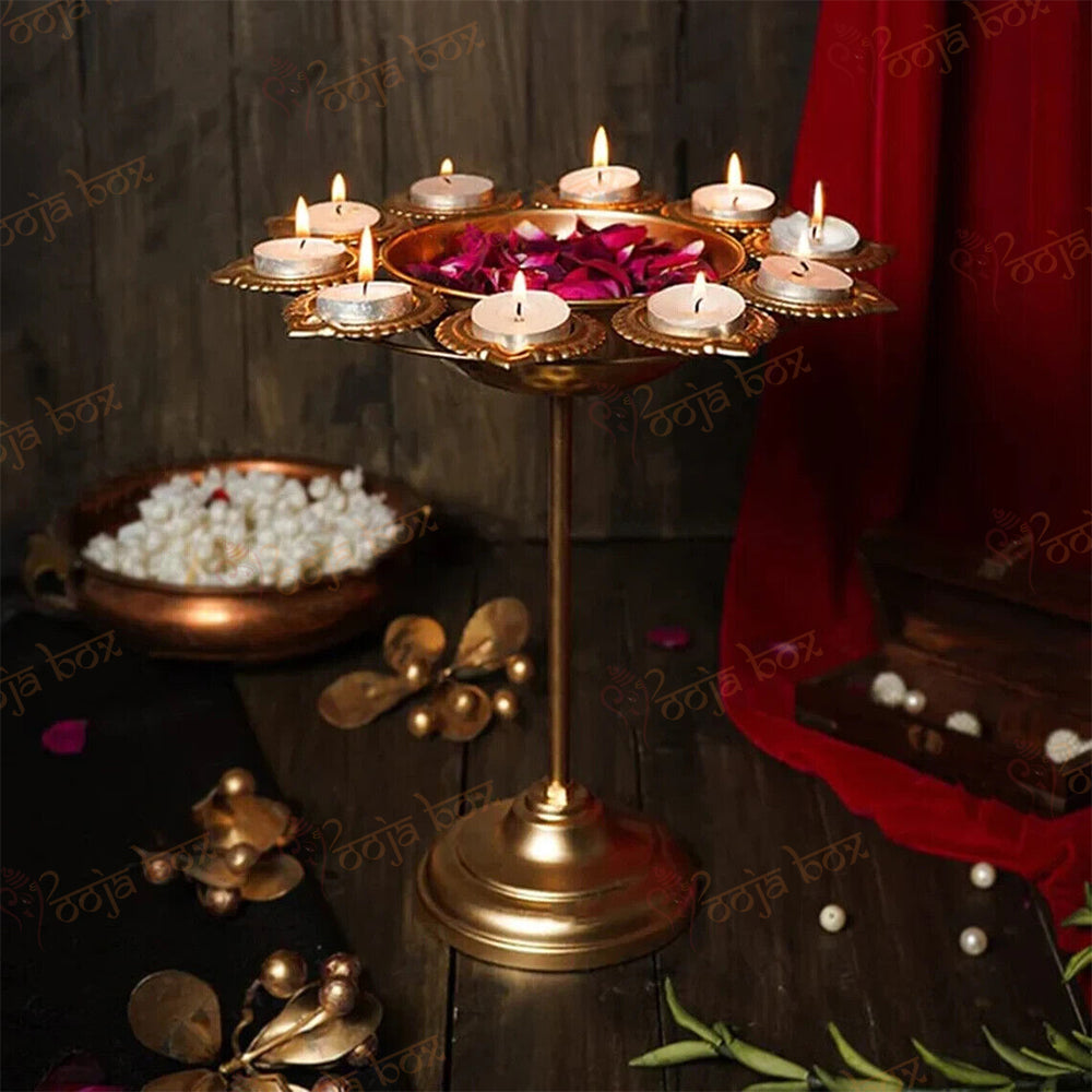 Golden Peacock Diya Floral Urli Stand