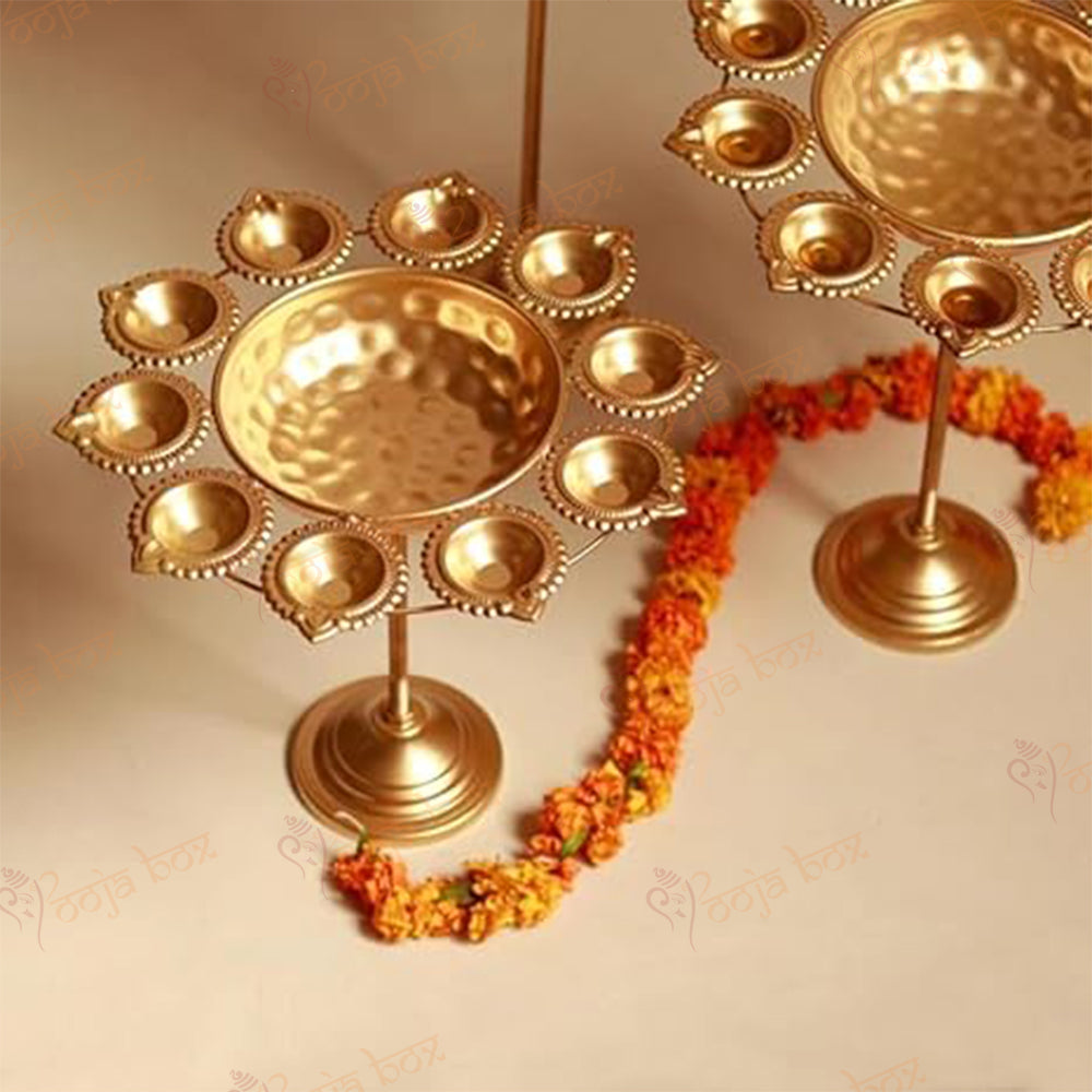 Golden Peacock Diya Floral Urli Stand