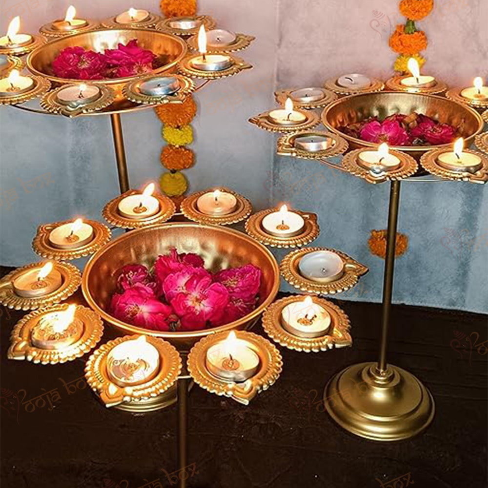 Golden Peacock Diya Floral Urli Stand