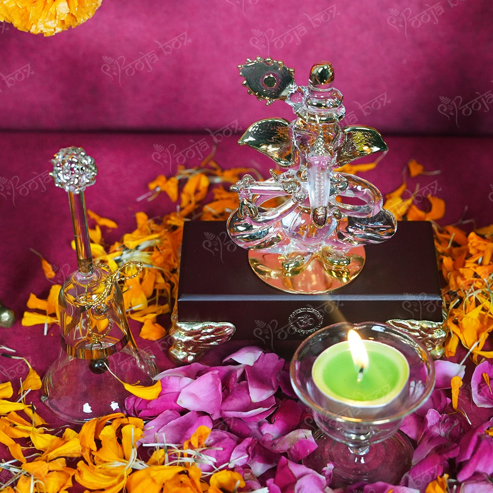 Crystal Ganesha With Bell and Diya