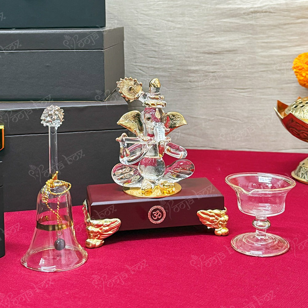 Crystal Ganesha With Bell and Diya