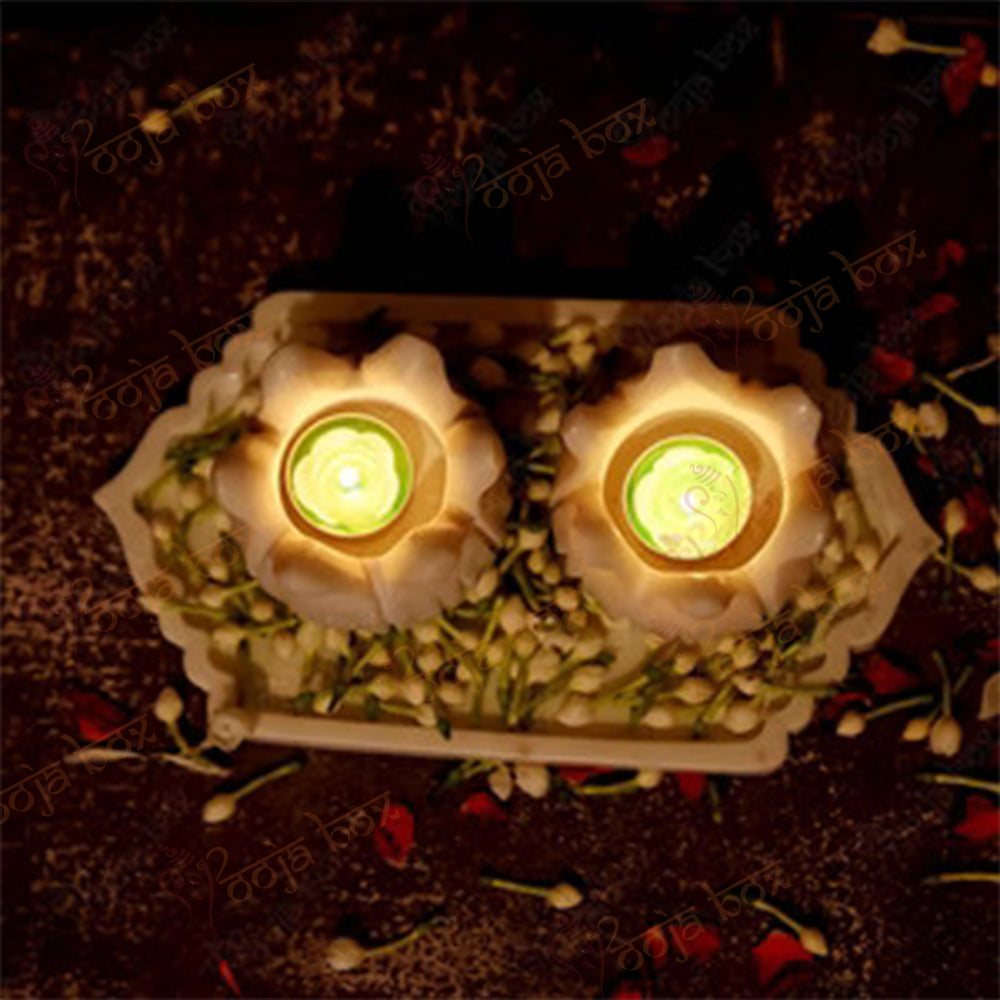 Lotus Shape Marble Candle Holder With Tray