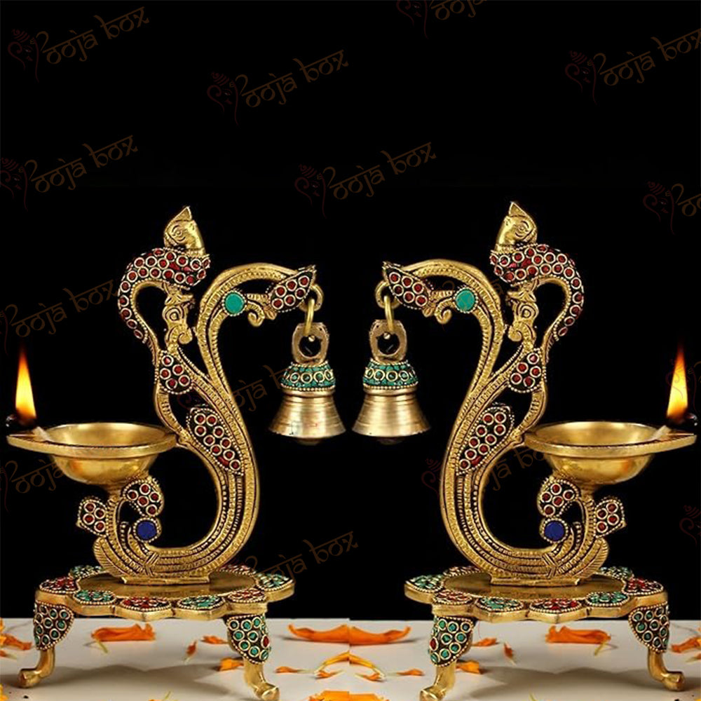 Antique Brass Peacock Design Stone Diya