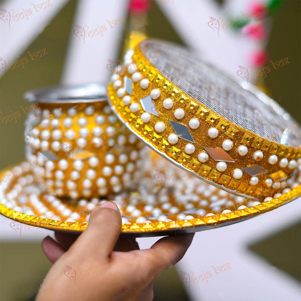 Elegant White Pearl and Gold Karwachauth Thali